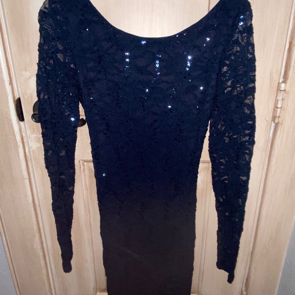 Navy embellished cocktail dress with open back